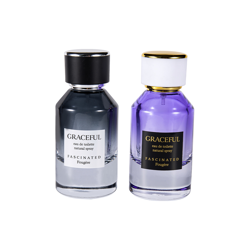 GC4416-WJ2098 زجاجة عطر زجاجية مطبوعة سعة 50 مل مع جلد، غطاء بلاستيكي ABS، بطانة PP مقاومة للأشعة فوق البنفسجية