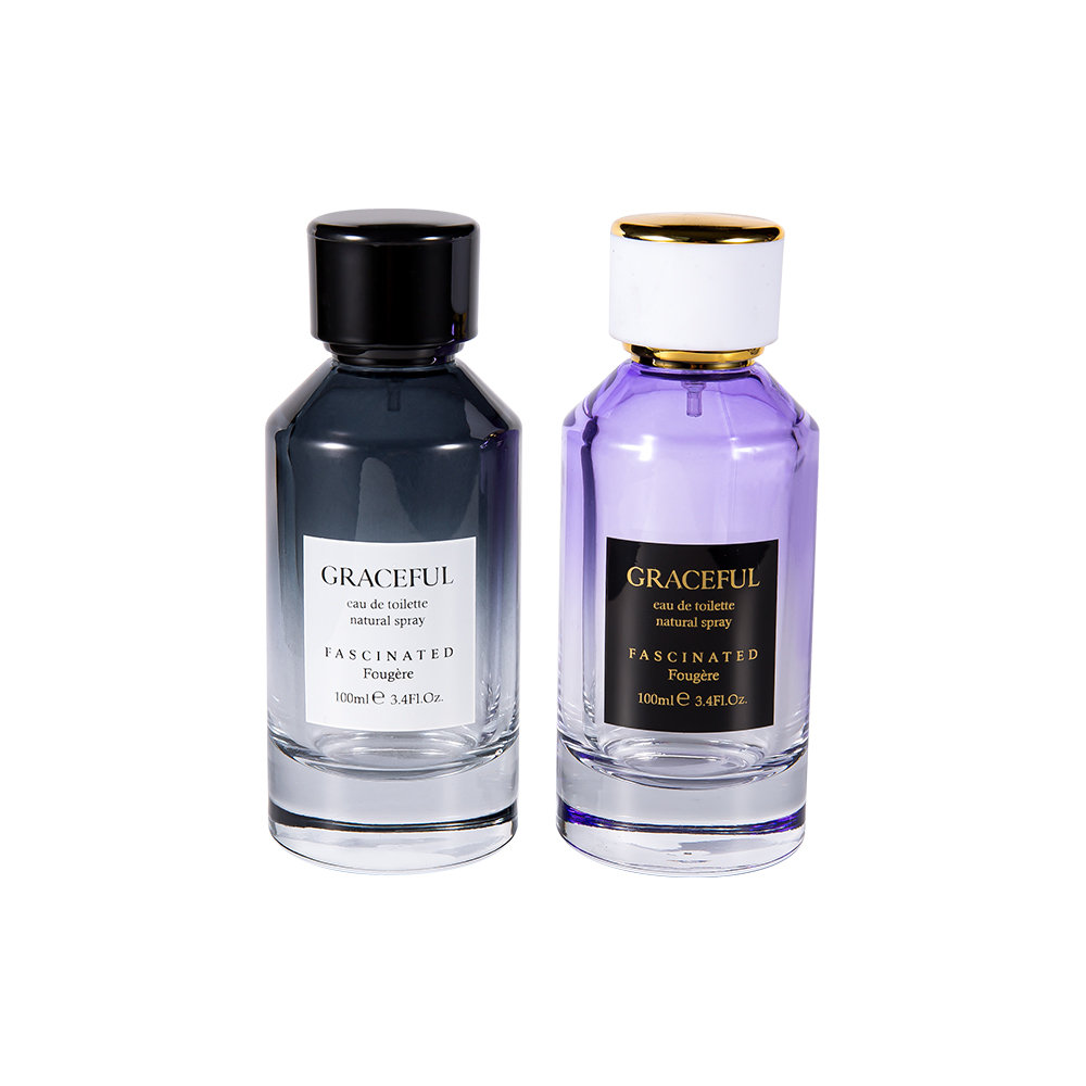 GC4418-WJ2098 زجاجة عطر زجاجية مطبوعة ملونة 100 مل مع غطاء بلاستيكي ABS من الجلد وبطانة PP للأشعة فوق البنفسجية
