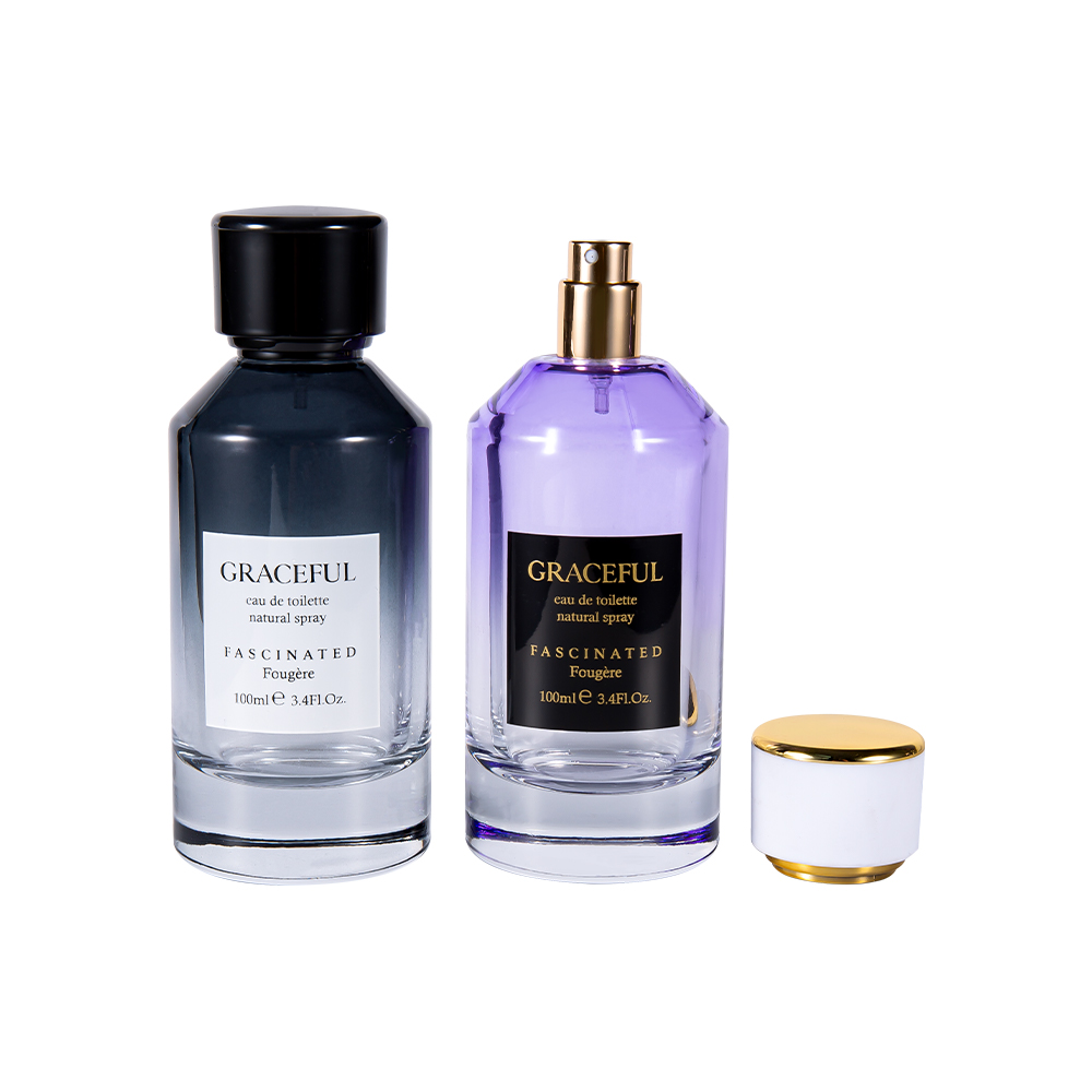 GC4418-WJ2098 زجاجة عطر زجاجية مطبوعة ملونة 100 مل مع غطاء بلاستيكي ABS من الجلد وبطانة PP للأشعة فوق البنفسجية
