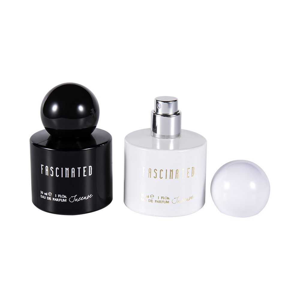 GC4748-WJ2537 زجاجة عطر زجاجية أسطوانية مطلية برقائق الذهب سعة 30 مل مع غطاء بلاستيكي ABS PP كروي