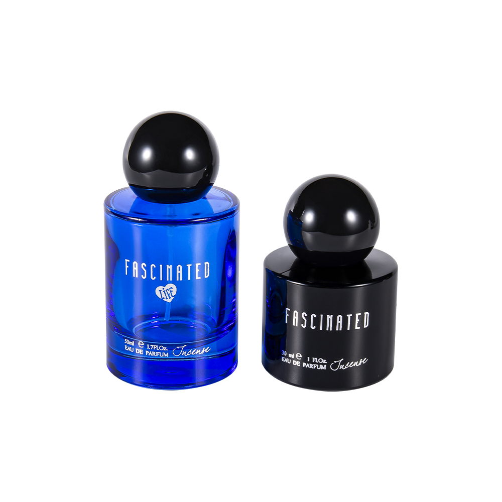 GC4749-WJ2537 زجاجة عطر زجاجية أسطوانية مطلية برقائق الذهب سعة 50 مل مع غطاء بلاستيكي ABS PP كروي