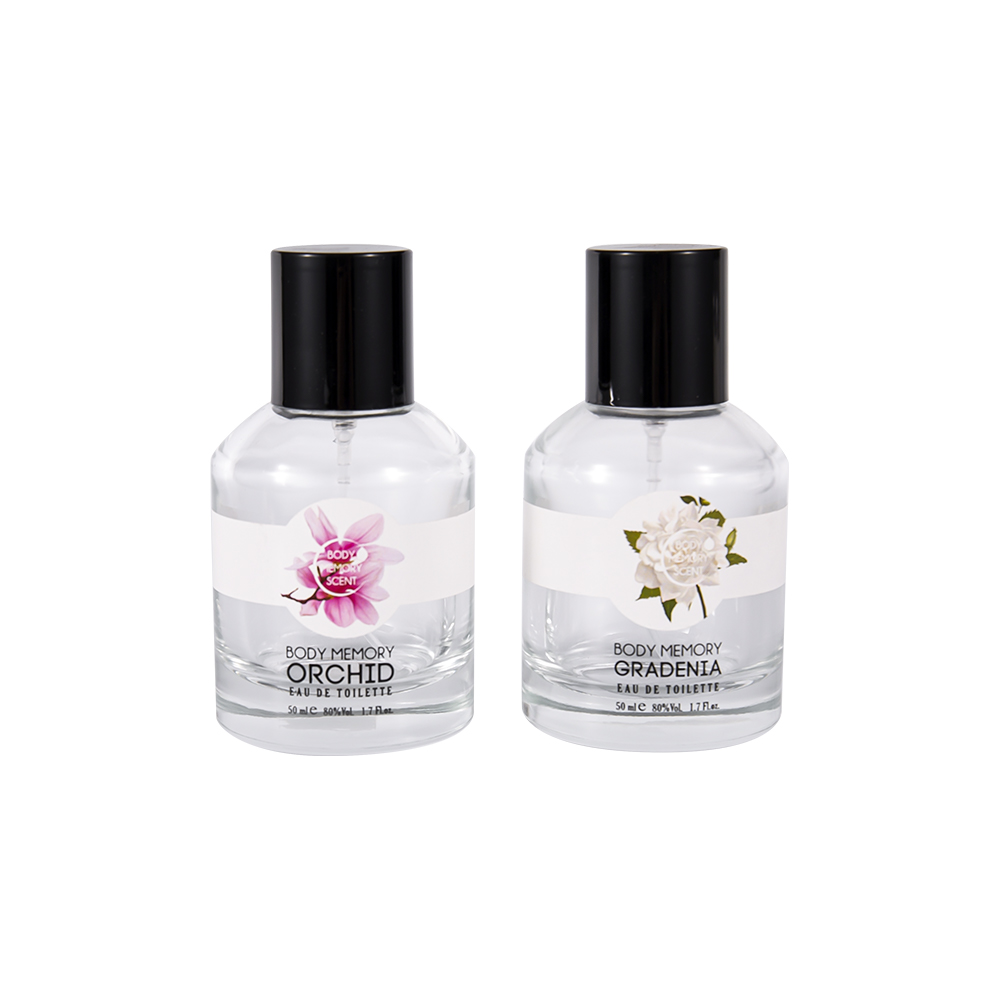 GC4815-WJ2531 زجاجة عطر زجاجية شفافة سعة 50 مل مع غطاء بلاستيكي PP أسود