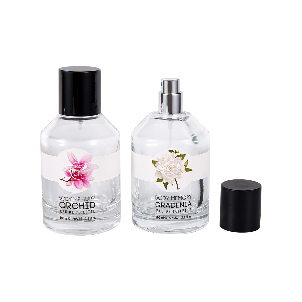 KY1603-WJ2388 100ML زجاجة عطر زجاجية مطبوعة مع غطاء PP أسطواني لامع أسود