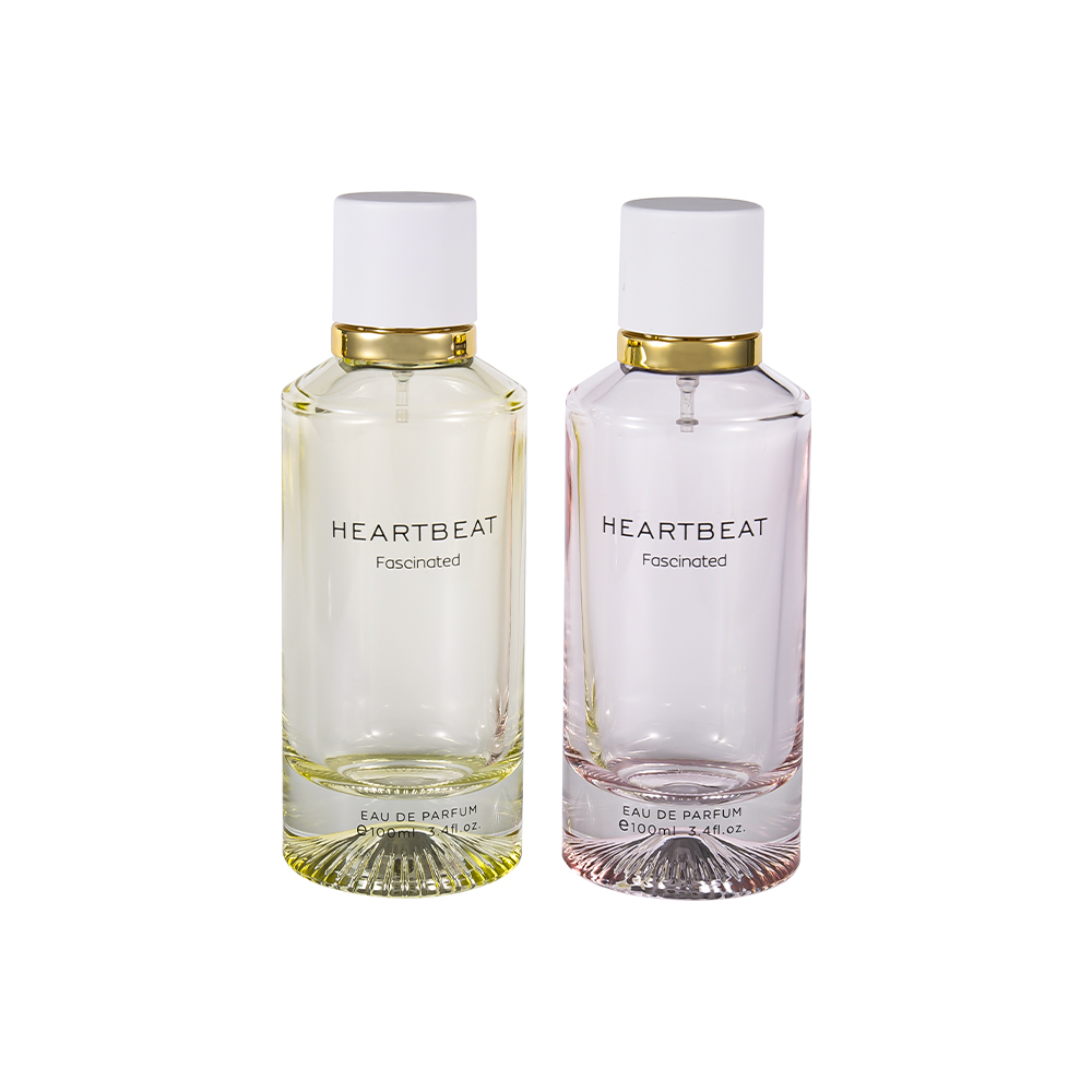 GC4406-WJ2326 زجاجة عطر سفلية منقوشة سعة 100 مل مع غطاء عطر أبيض وحلقة ألمنيوم كبيرة